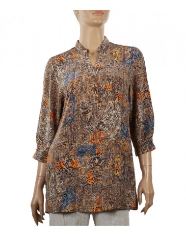 Short Silk Shirt - Beige and Orange Abstract