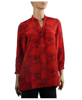 Long Silk Shirt - Red Floral Patchwork