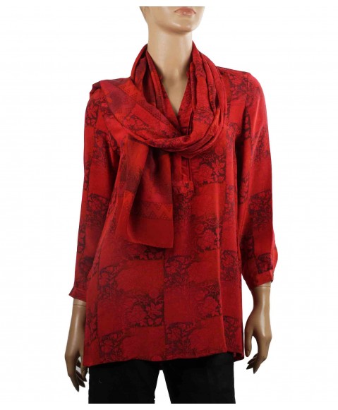 Long Silk Shirt - Red Floral Patchwork