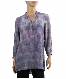 Long Silk Shirt - Grey Purple Patchwork