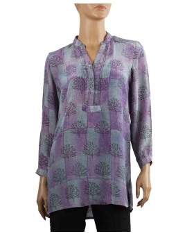Long Silk Shirt - Grey Purple Patchwork