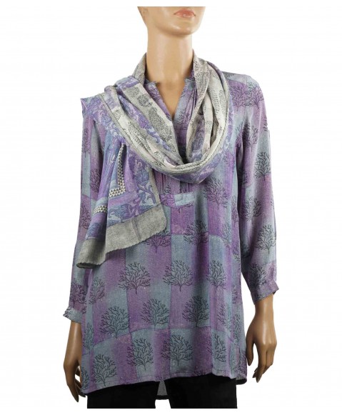 Long Silk Shirt - Grey Purple Patchwork