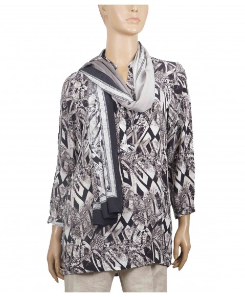 Long Silk Shirt - Black And White Abstract