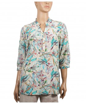 Short Silk Shirt - Beige Tropical Trees