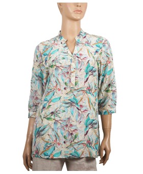 Short Silk Shirt - Beige Tropical Trees