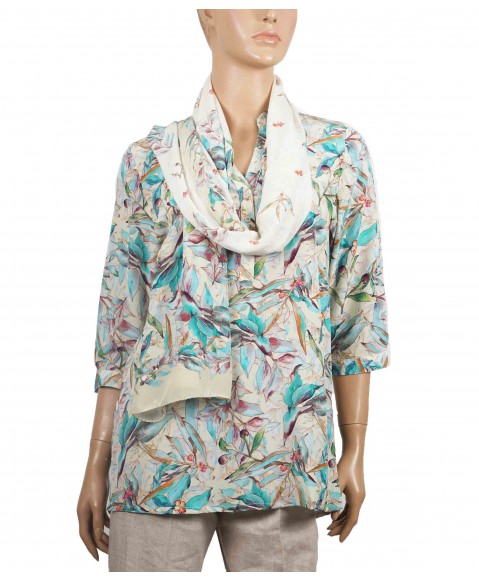 Short Silk Shirt - Beige Tropical Trees