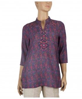 Casual Kurti - Pink And Blue Hand Embroidery