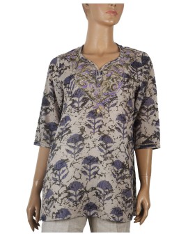 Casual Kurti - Big Purple Flowers With Embroidery