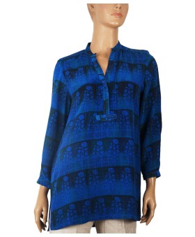 Long Silk Shirt - Shocking Blue With Floral Patch