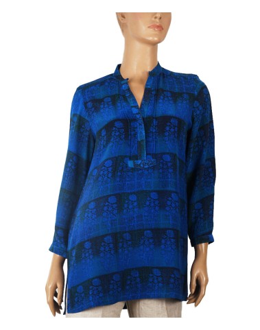 Long Silk Shirt - Shocking Blue With Floral Patch