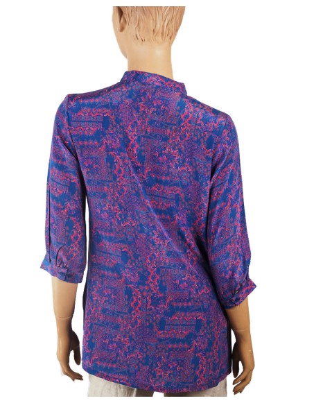 Short Silk Shirt - Pink And Blue Abstract