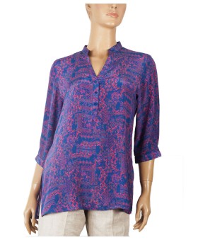 Short Silk Shirt - Pink And Blue Abstract