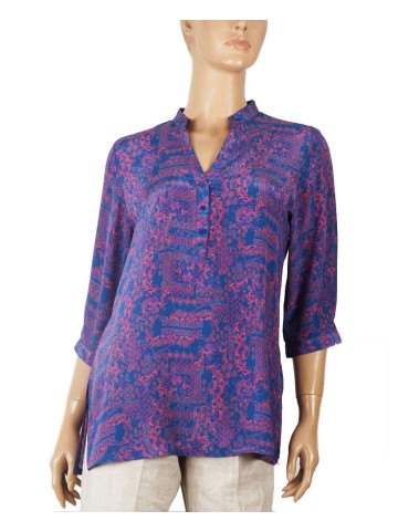 Short Silk Shirt - Pink And Blue Abstract