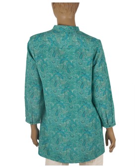 Long Silk Shirt - Aqua Green Paisley And Floral