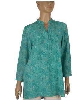 Long Silk Shirt - Aqua Green Paisley And Floral