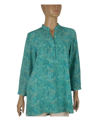 Long Silk Shirt - Aqua Green Paisley And Floral