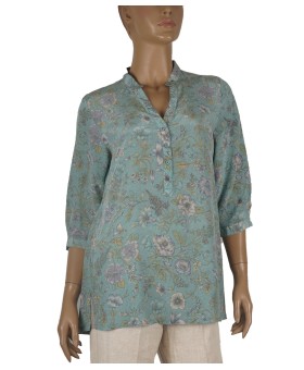 Short Silk Shirt - Sky Blue Floral 