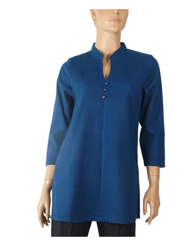 Casual Kurti - Blue Pintuck With Diamond Button