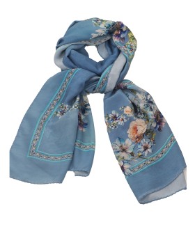 Crepe Silk Scarf - Beige And Blue Flowers