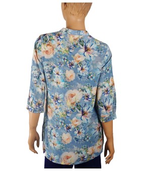 Short Silk Shirt - Beige And Blue Flowers
