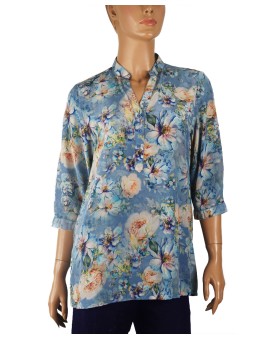 Short Silk Shirt - Beige And Blue Flowers