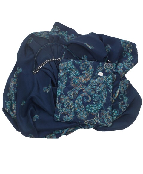 Scarf Set - Navy Blue And Turquoise Paisley