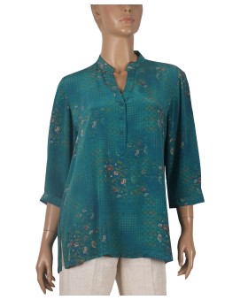 Short Silk Shirt - Peacock Green Floral