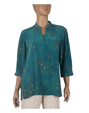 Short Silk Shirt - Peacock Green Floral