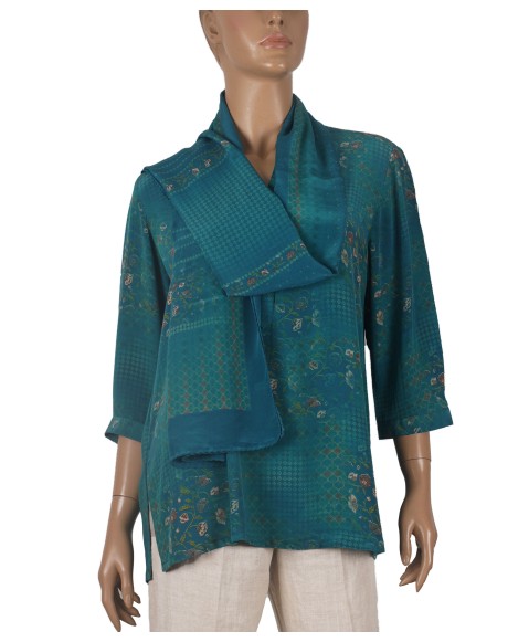 Short Silk Shirt - Peacock Green Floral