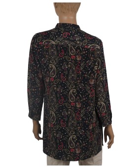 Long Silk Shirt - Pink Floral On Black Base 