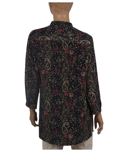 Long Silk Shirt - Pink Floral On Black Base Long Silk Shirt - Pink Floral On Black Base