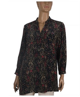 Long Silk Shirt - Pink Floral On Black Base 