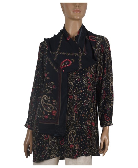 Long Silk Shirt - Pink Floral On Black Base Long Silk Shirt - Pink Floral On Black Base