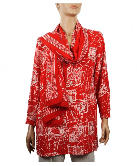  Long Silk Shirt - Red Abstract