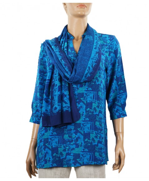 Short Silk Shirt - Blue and Turquoise Abstract