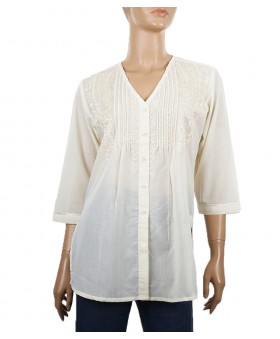 Embroidered Casual Kurti - Off White Pleated