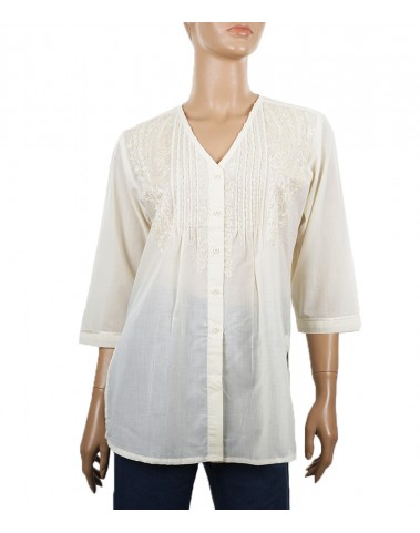 Embroidered Casual Kurti - Off White Pleated