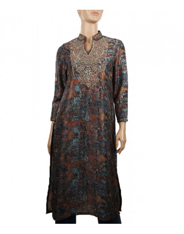 Embroidered Tunic - Viscose Blue and Brown Distressed