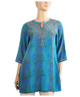 Antique Silk Kurti - Silver Embroidery With Blue Base