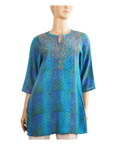 Antique Silk Kurti - Silver Embroidery With Blue Base