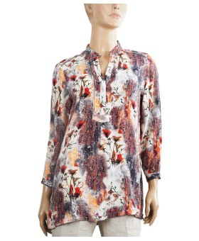 Long Silk Shirt - Orange Rust With Paisley And Flowers