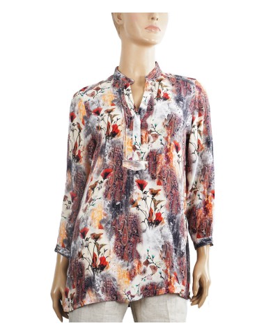 Long Silk Shirt - Orange Rust With Paisley And Flowers