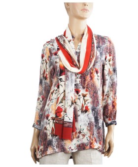 Long Silk Shirt - Orange Rust With Paisley And Flowers