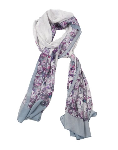 Crepe Silk Scarf - Purple Leaf On The White Base