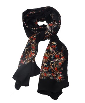 Crepe Silk Scarf - Tiny Red Flowers With Black Base