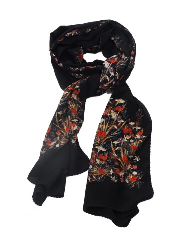 Crepe Silk Scarf - Tiny Red Flowers With Black Base