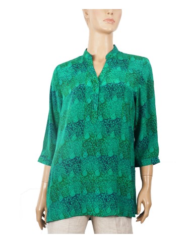Short Silk Shirt - Green And Blue Paisley