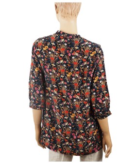 Short Silk Shirt - Tiny Red Flowers With Black Base