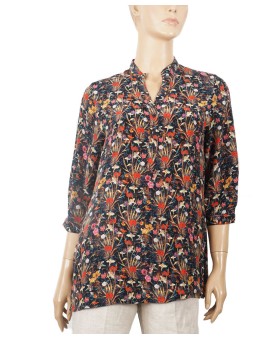 Short Silk Shirt - Tiny Red Flowers With Black Base
