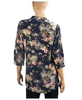 Short Silk Shirt - Black Base With Pink Floral